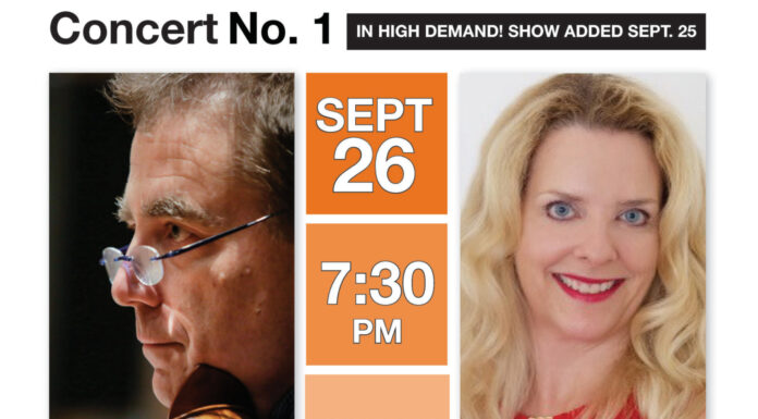 McDuffie Center kicks off Fabian Concert Series with 2 sold-out performances photo of man with violin on left, photo of woman in red top on right. down the middle it says sept. 26 7:30 p.m. fickling hall. along the top it says: concert no. 1 in high demand! show added sept. 25