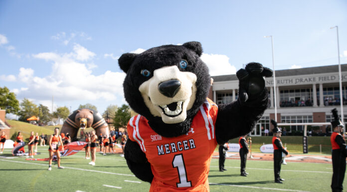 3 things to know about Mercer vs. Wofford football game day: Oct. 21, 2023 toby bear mascot gives the claw while standing on a football field