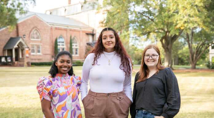 Mercer tops list of students studying abroad as Gilman Scholars Three smiling students on college campus