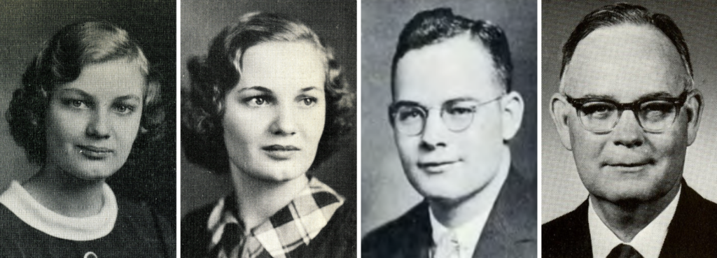 A photo collage with two black and white headshots of a woman and two headshots of a man.
