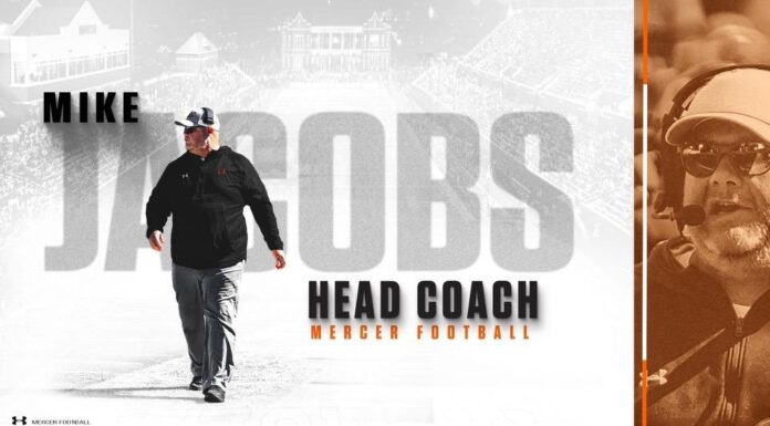 Mercer announces new football head coach graphic of a man walking in front of words that read Mike Jacobs Head Coach Mercer Football