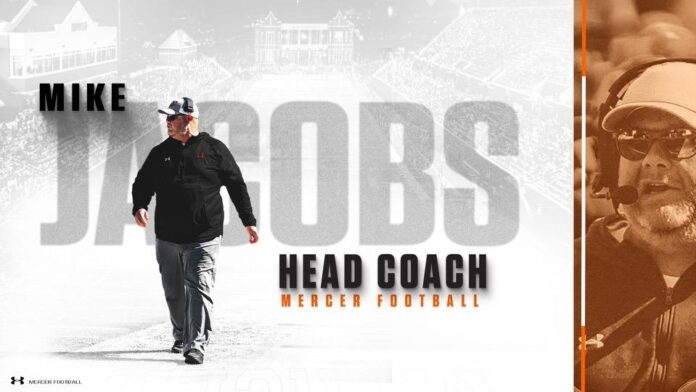 graphic of a man walking in front of words that read Mike Jacobs Head Coach Mercer Football