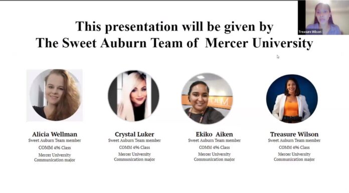 Communication students create advocacy campaign for project in MLK’s birthplace | Classroom Spotlight A screenshot of a Zoom meeting, with the student speaking shown in the top right corner and a slide with photos and names of she and four other students in her group.