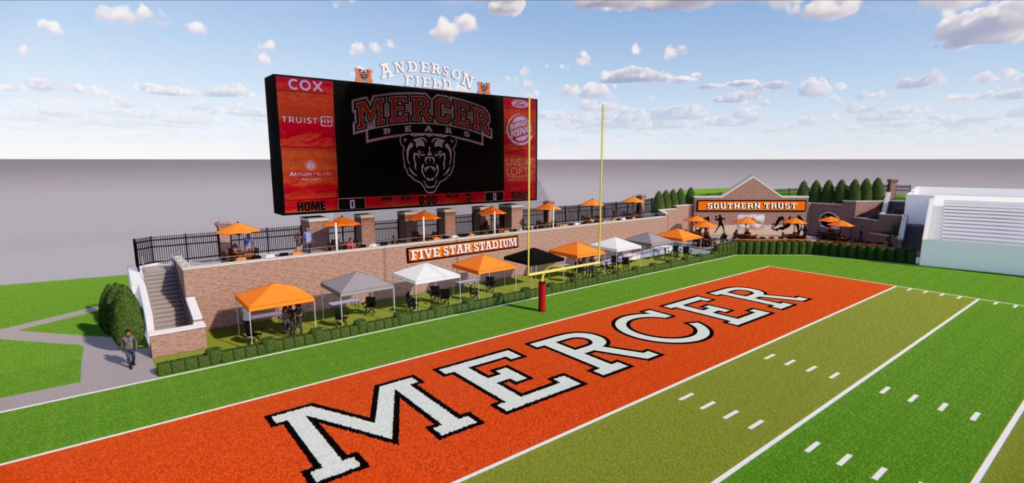An artist's rendering of a football end zone with a scoreboard, with a multi-tier tailgating area. 