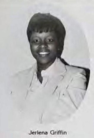 A circle photo of a woman in a college yearbook.
