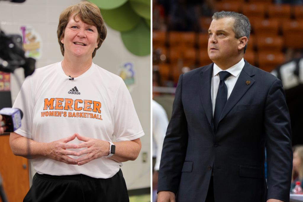 two photos divided by a white line. the left photo shows a woman wearing a white mercer women's basketball shirt. the right photo shows a man wearing a suit