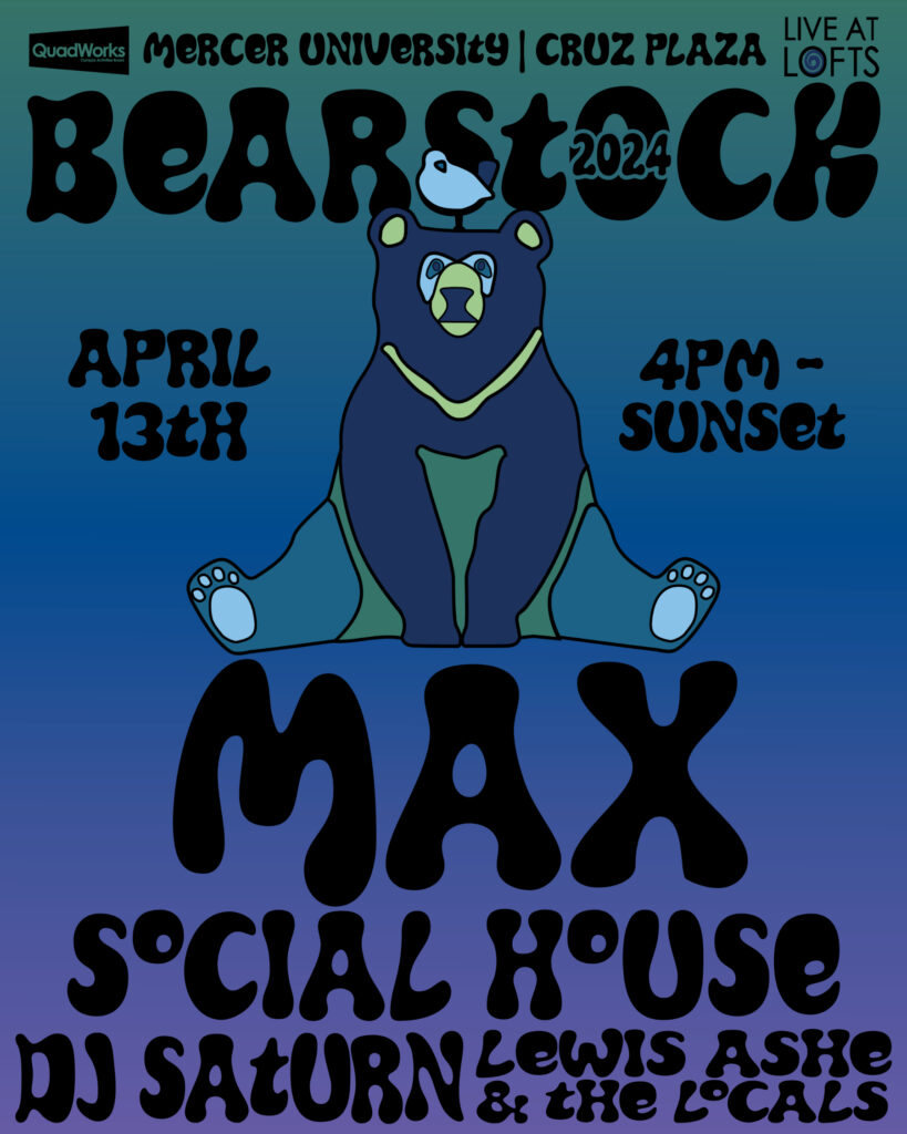 bearstock flyer features a bear graphic and band names max, social house, dj saturn, and lewis ashe and the locals