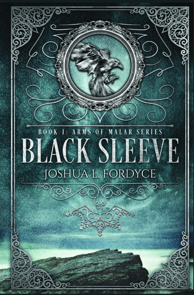 the black sleeve book cover features a silver emblem against a stormy looking background
