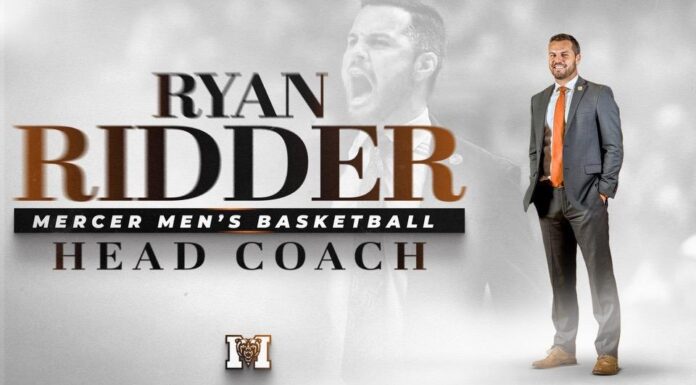 Mercer names new men’s basketball head coach graphic of a man standing in a suit next to the words: Ryan Ridder, Mercer Men's Basketball, Head Coach