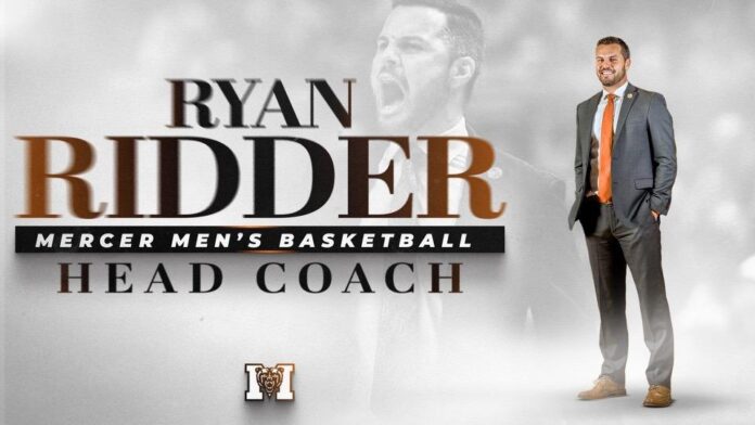 graphic of a man standing in a suit next to the words: Ryan Ridder, Mercer Men's Basketball, Head Coach