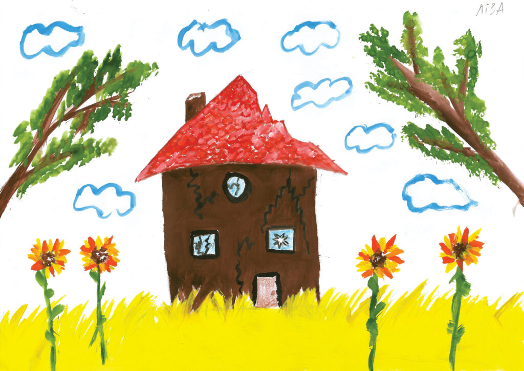 a child's drawing of a house with cracks in it. the house stands among sunflowers and green trees