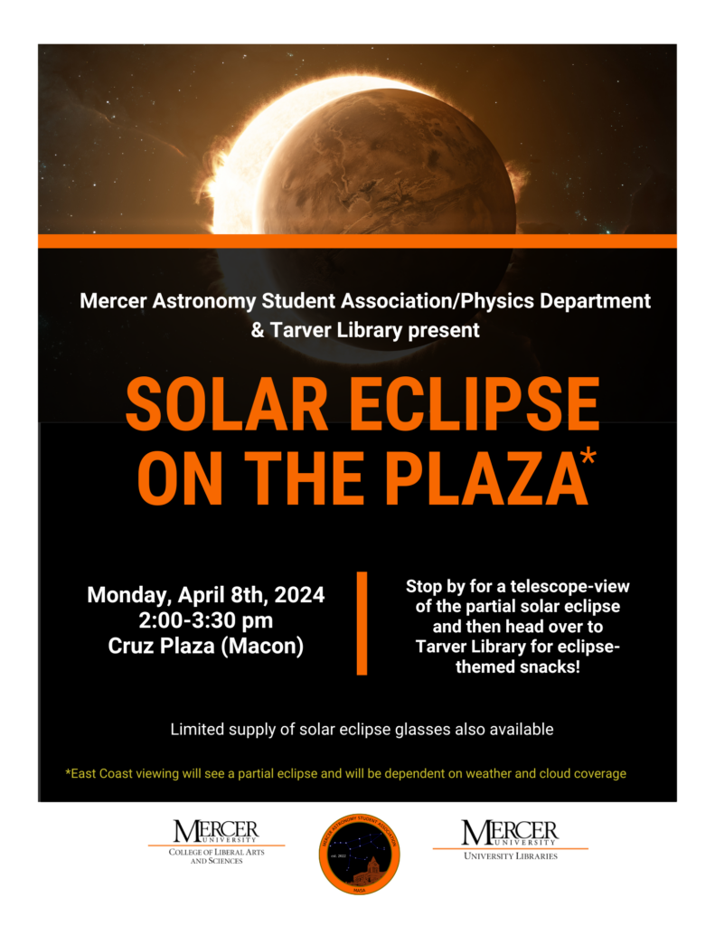 A flyer with details on the solar eclipse on the plaza event, which is being held from 2-3:30 p.m. April 8 on Cruz Plaza on the Macon campus.