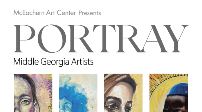 McEachern Art Center presents “Portray” and new gallery membership The image is a promotional poster for an art exhibition titled "PORTRAY," featuring Middle Georgia Artists. The event is presented by the McEachern Art Center. The poster includes images of four artworks, each depicting a portrait in various artistic styles. The artists listed are Micah Goguen, Amber McCants, Lauren Tanner, and Kevin Scene Lewis. An opening reception for the exhibition is scheduled for Friday, June 7, 2024, at 6 PM.