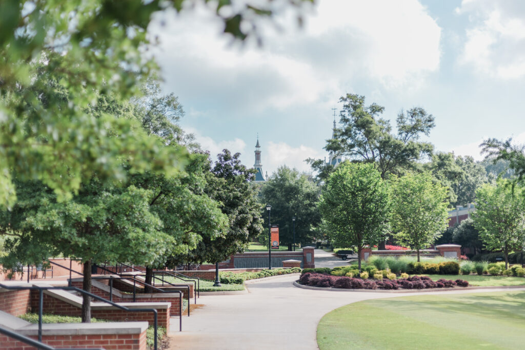 exterior college campus trees and building spire in distance