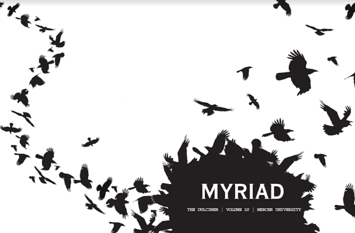 The cover image for "MYRIAD: The Dulcimer | Volume LXV | Mercer University" features a minimalist design with a flock of black birds in various flying positions against a white background.