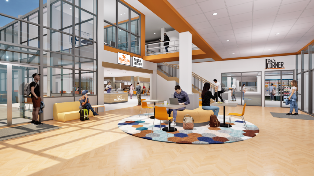 artist's rendering shows the main entrance to connell student center, featuring large windows and open spaces with modern furniture