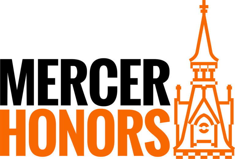 Mercer Honors program logo features the word "Mercer" in black stacked on top of the word "Honors" in orange. To the left is an orange outlined illustration of the Administration Building.