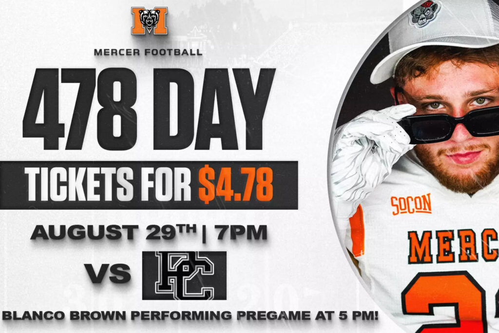 Graphic for 478 Day featuring football tickets for $4.78. Mercer football plays Presbyterian College at 7 p.m. Aug. 29. Blanco Brown performing pregame at 5 p.m. On the left of the graphic is a Mercer football player in uniform and peering out over sunglasses.