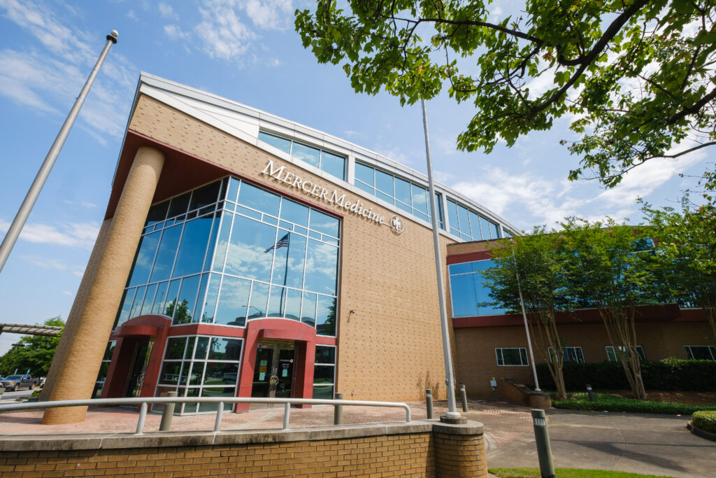 A brick building with large windows covering its front, with a blue sky and green leaves from a tree visible around it.