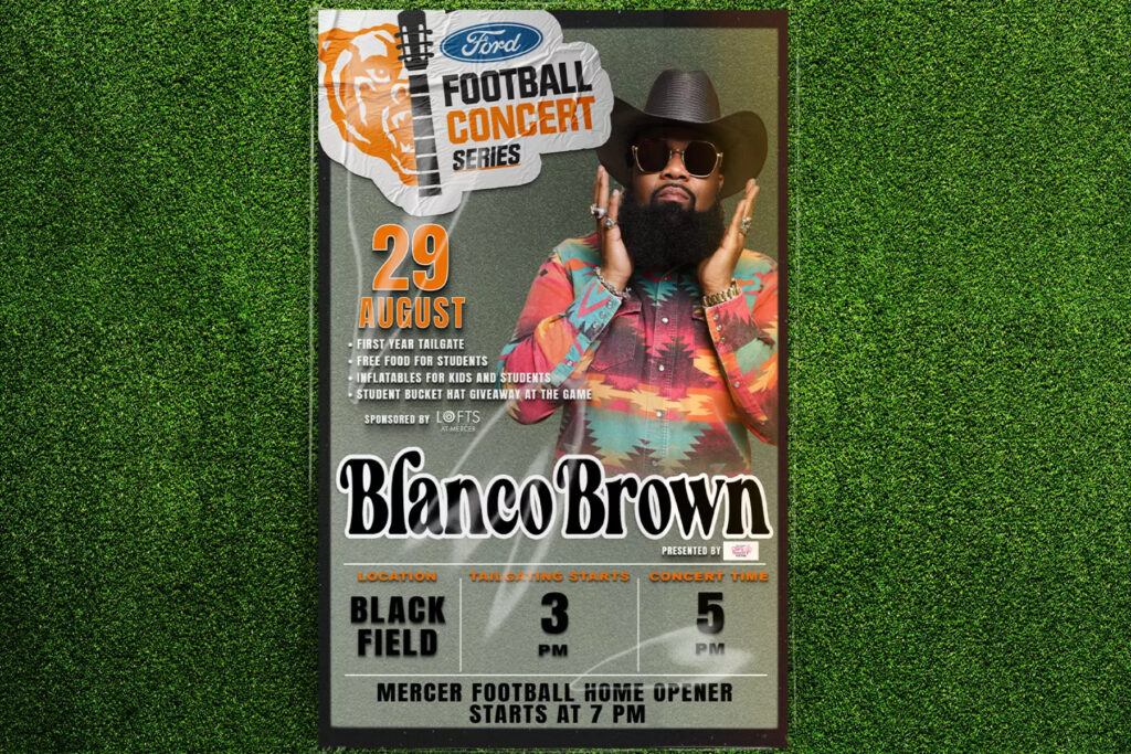 A concert poster for the Ford Football Concert Series for Blanco Brown, presented by the International Cherry Blossom Festival. The event is Aug. 29 and includes a first-year tailgate, free food for students, inflatables for kids and students, and a student bucket hat giveaway at the game sponsored by Lofts at Mercer. The location is Black Field. Tailgating starts at 3 p.m. Concert time is 5 p.m. Mercer football home opener starts at 7 p.m. The poster includes an image of Blanco Brown wearing a southwestern-style shirt and black cowboy hat.