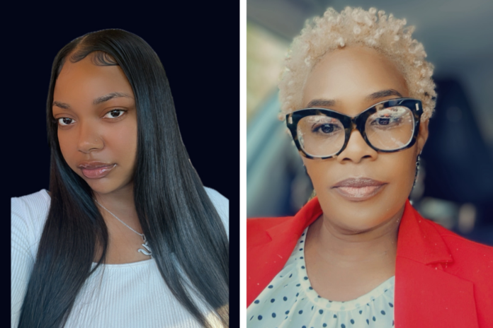 Two women side by side: Left: The woman has long, sleek, black hair. She wears a white top and a necklace. Right: The woman has short, curly, blonde hair. She wears large, thick-framed glasses and is dressed in a red blazer over a light blouse with polka dots.