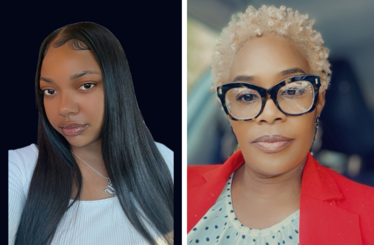 Two women side by side: Left: The woman has long, sleek, black hair. She wears a white top and a necklace. Right: The woman has short, curly, blonde hair. She wears large, thick-framed glasses and is dressed in a red blazer over a light blouse with polka dots.