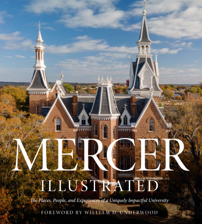 Book cover titled "Mercer Illustrated" with a subtitle: "The Places, People, and Experiences of a Uniquely Impactful University." The cover features a photograph of a grand, historic building with tall spires and intricate architecture. The image is set against a clear sky and surrounded by trees, some of which show fall colors. The book also mentions a foreword by William D. Underwood.