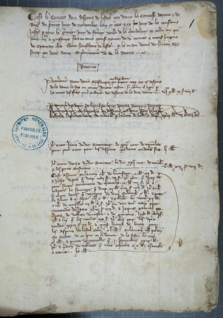 Historical manuscript with dense text in French. The paper includes stamps and a watermark indicating archival reference.