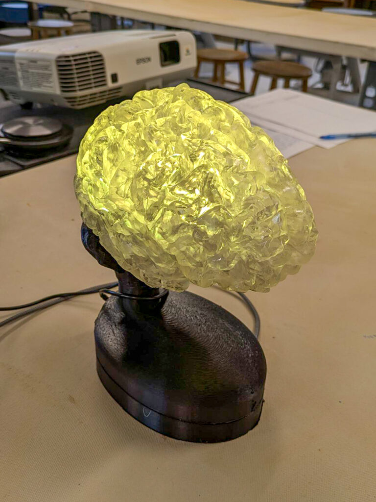 Side view of a illuminated model of a brain sitting on a stand.