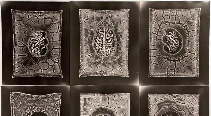 Art professor creates interactive exhibit exploring climate change and the brain Six black and white brains scans.