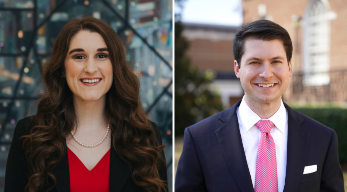 Mercer Law alumni serve Georgia Supreme Court as term law clerks Side by side headshots of Elliza Guta, who is wearing a red blouse and blazer, and Stephen Greenway, who is wearing a suit with a pink tie.