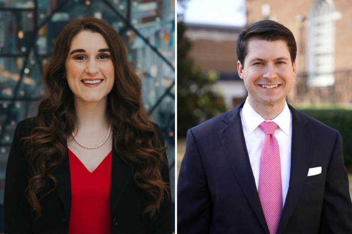 Side by side headshots of Elliza Guta, who is wearing a red blouse and blazer, and Stephen Greenway, who is wearing a suit with a pink tie.