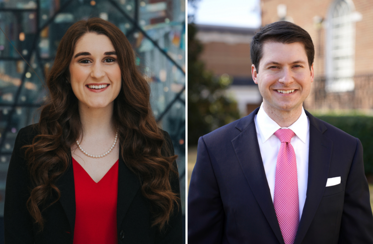 Side by side headshots of Elliza Guta, who is wearing a red blouse and blazer, and Stephen Greenway, who is wearing a suit with a pink tie.