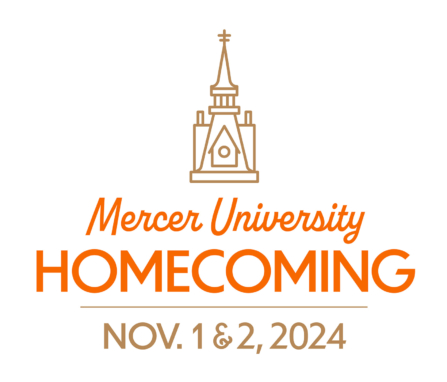 Mercer University Homecoming, November 1 & 2, 2024" graphic featuring an outline of a chapel tower above the text. The design uses orange and gold tones.