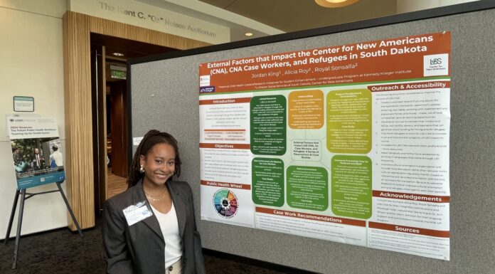 Junior receives CDC award for public health research A woman is standing next to a presentation board. The title of the board reads: "External Factors that Impact the Center for New Americans (CNA), CNA Case Workers, and Refugees in South Dakota." The board outlines several sections such as "Introduction," "Objectives," "Outreach & Accessibility," and "Case Work Recommendations." The woman is smiling, wearing a grey blazer, white top, and khaki pants.