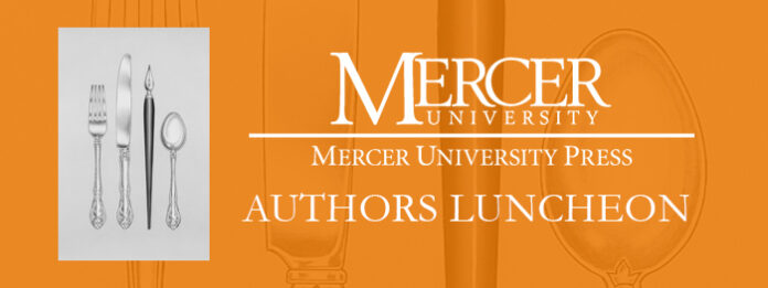 Orange banner with Mercer University logo and text: Authors Luncheon and Mercer University Press beside silverware illustration.