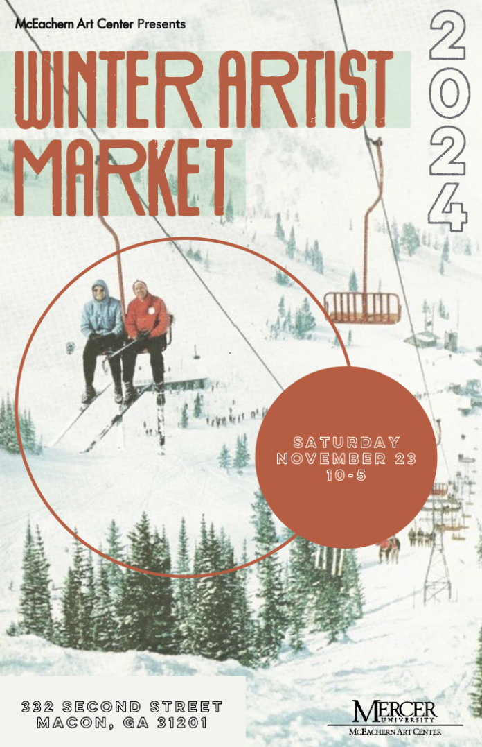 Retro-style poster for the Winter Artist Market 2024 featuring skiers on a ski lift.