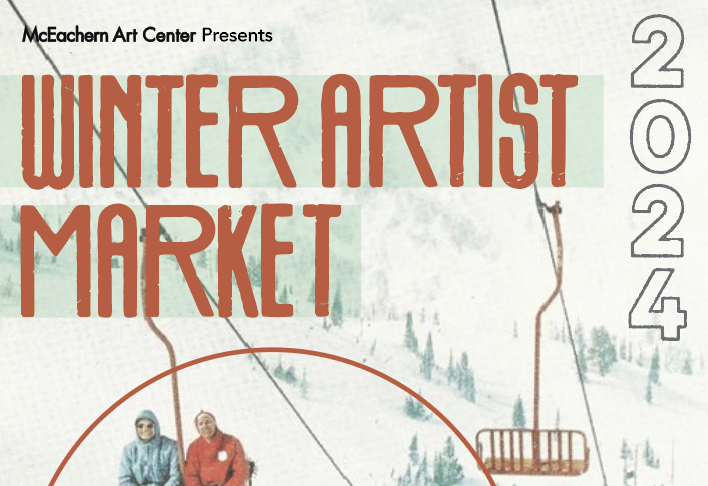 Retro-style poster for the Winter Artist Market 2024 featuring skiers on a ski lift.