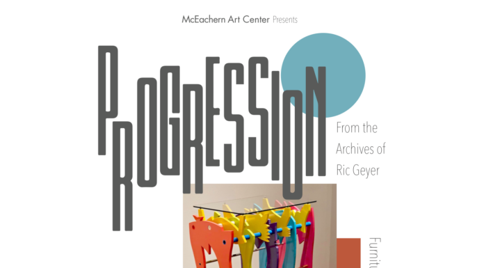 McEachern Art Center presents ‘Progression: From the Archives of Ric Geyer’ Colorful, abstract chair designs displayed in a gallery setting with text detailing an art exhibit at McEachern Art Center.