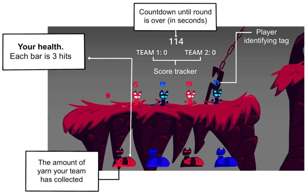 Video game screenshot showing two teams with score tracker, health bars, countdown timer, and player tags on a rocky terrain.