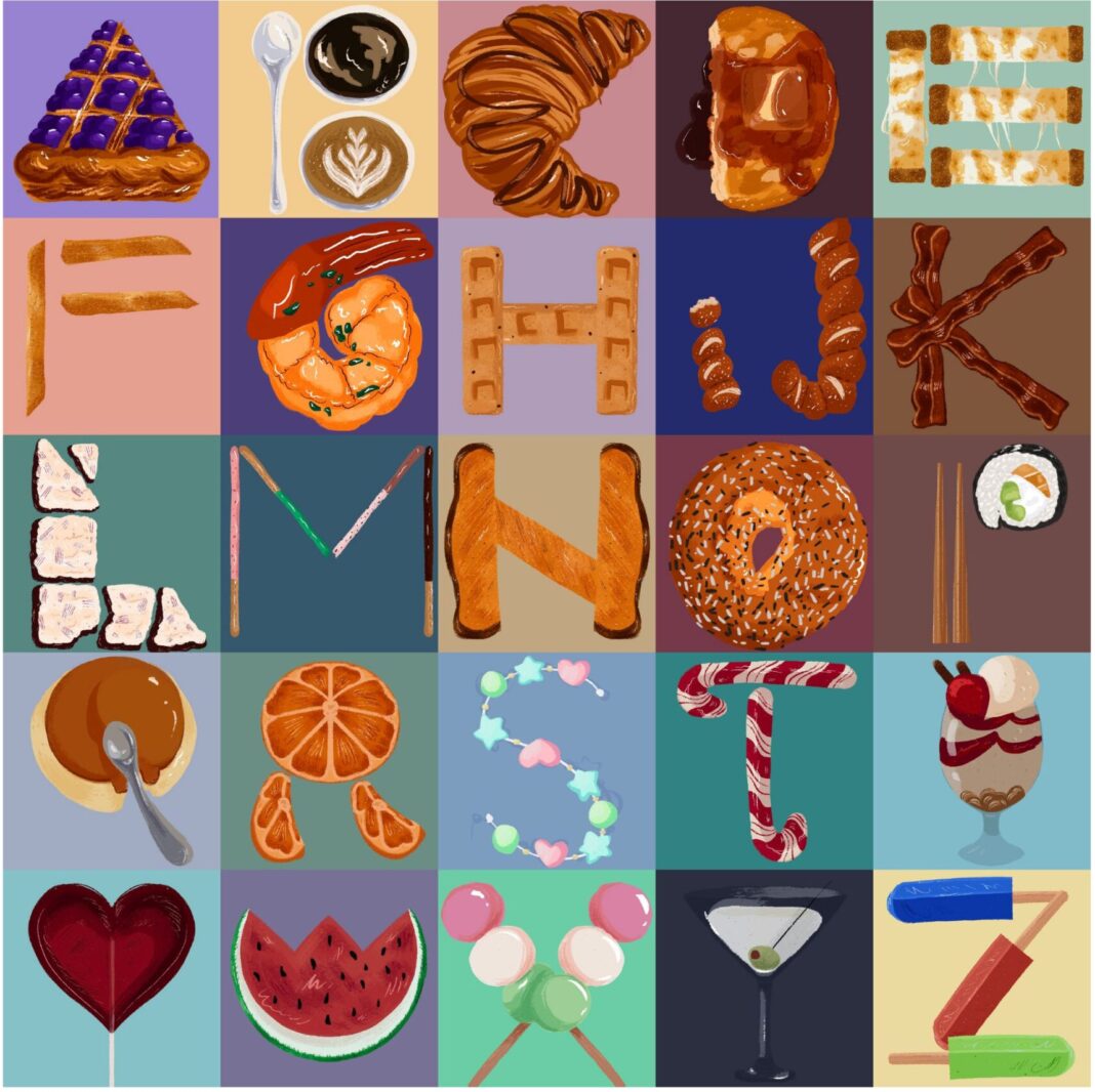 Alphabet letters creatively designed with various food items against a multicolored background.