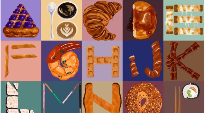 Graphic design students mark four-year winning streak with 11 GDUSA awards Alphabet letters creatively designed with various food items against a multicolored background.