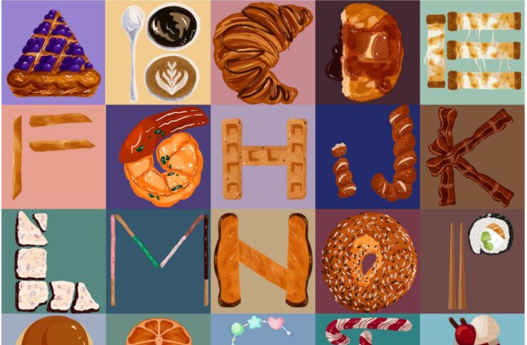 Alphabet letters creatively designed with various food items against a multicolored background.