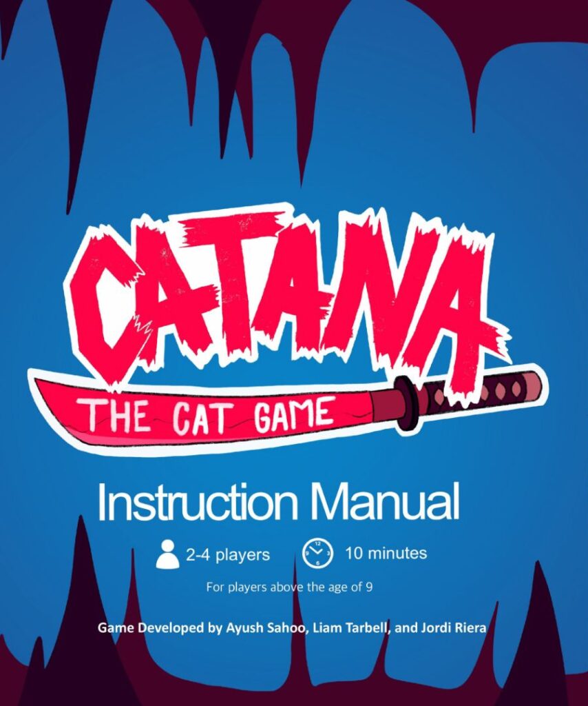 Cover of Catana: The Cat Game instruction manual. Features a sword and title with details for 2-4 players, ages 9+, 10-minute play.