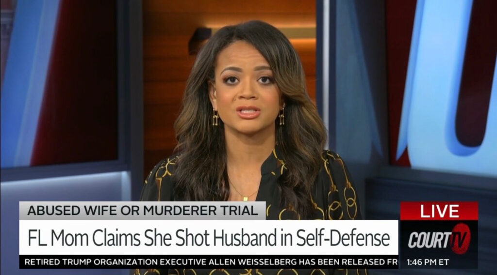 Court TV anchor Julia Jenaé delivering a segment titled "Abused Wife or Murderer Trial" on a live Court TV broadcast.
