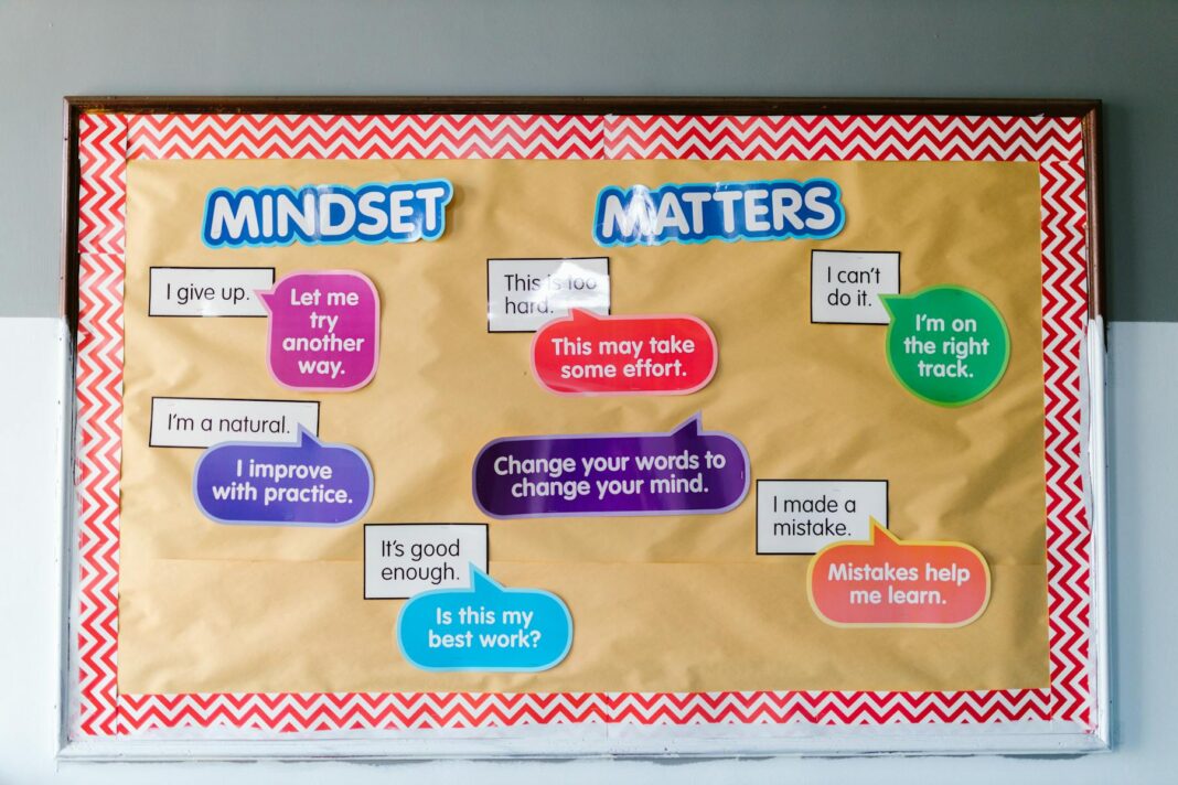 A bulletin board titled Mindset Matters features various colorful speech bubbles with motivational phrases in a classroom setting.