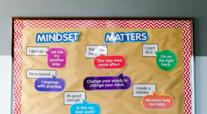 Mercer alumnae impact students as school counselors A bulletin board titled Mindset Matters features various colorful speech bubbles with motivational phrases in a classroom setting.