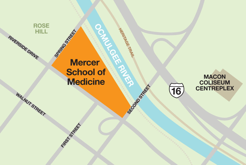 Map showing the Mercer School of Medicine along the Ocmulgee River, adjacent to Spring Street, Riverside Drive and Second Street.