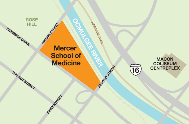 Map showing the Mercer School of Medicine along the Ocmulgee River, adjacent to Spring Street, Riverside Drive and Second Street.