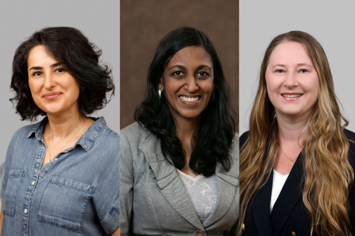 Three women are posing in separate portraits against different backgrounds, each smiling and wearing varied outfits.